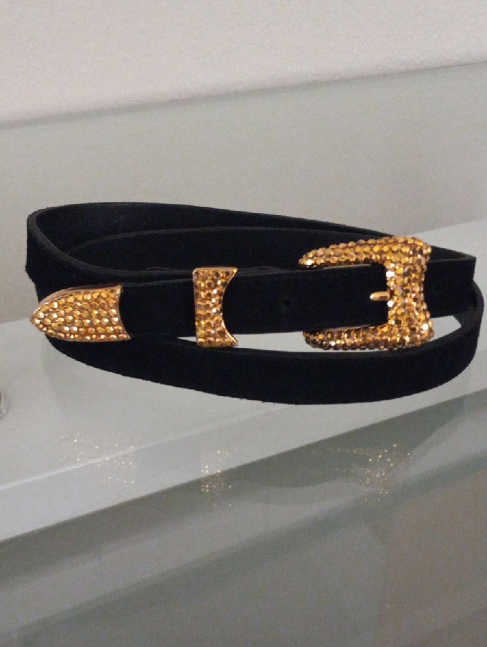 Michael Morrison Vintage Black Suede Belt with Gold Crystal Buckle